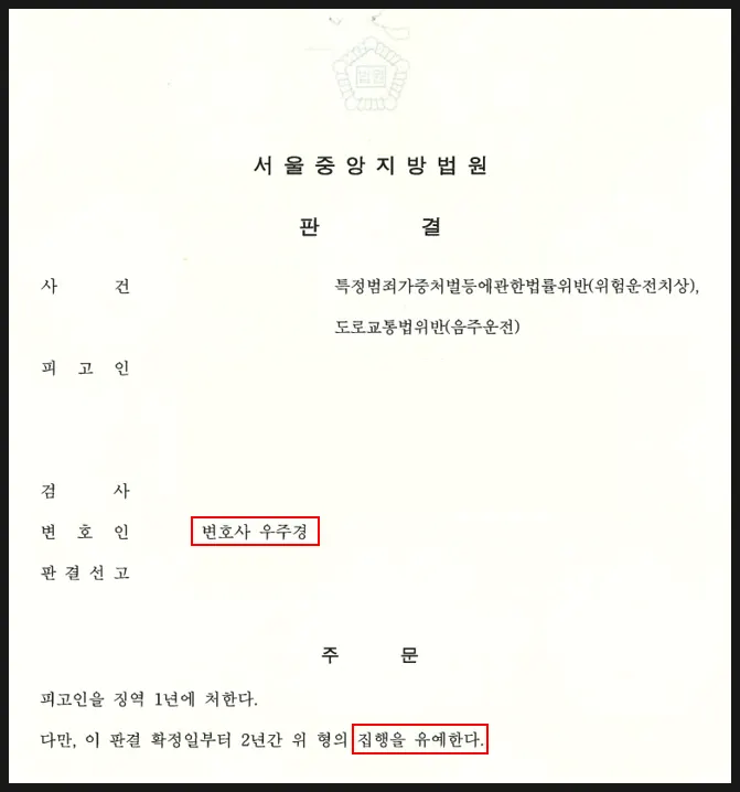 징역 1년 집행유예 2년이 선고된 위험운전치상 판결문