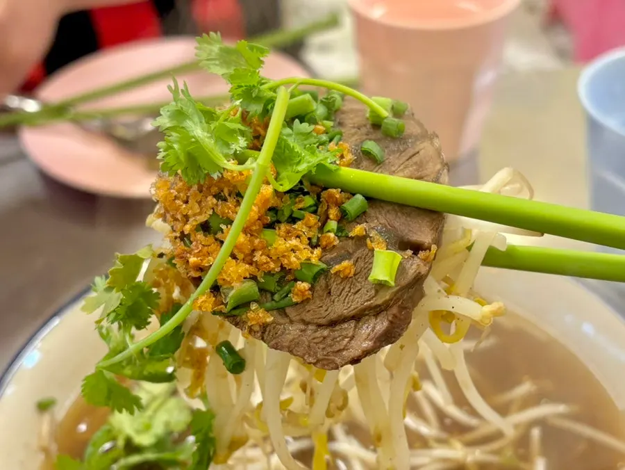 Close-up of thick beef slices in the pho