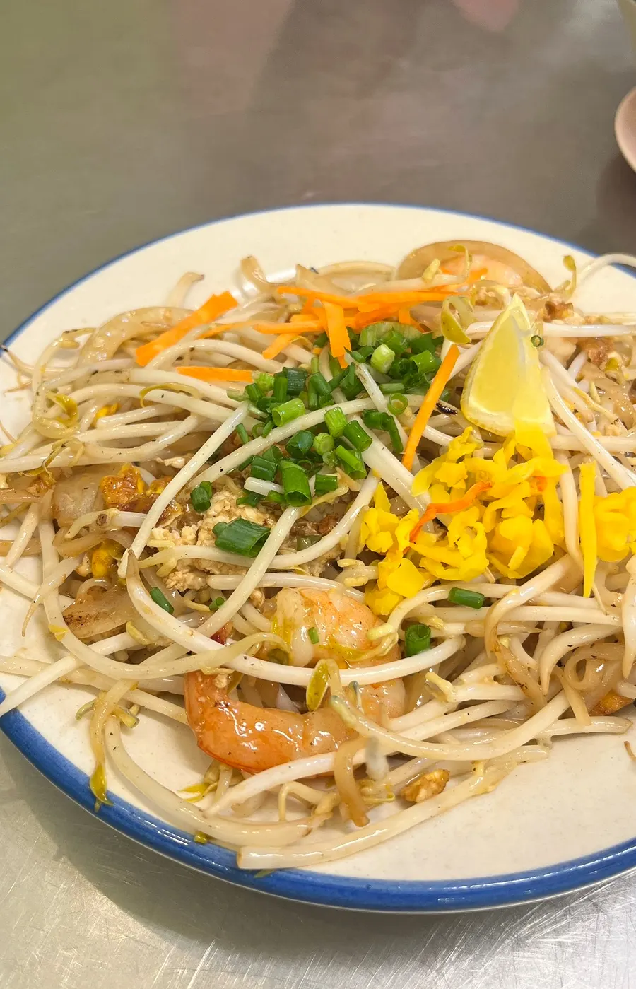 Shrimp pad thai loaded with ingredients