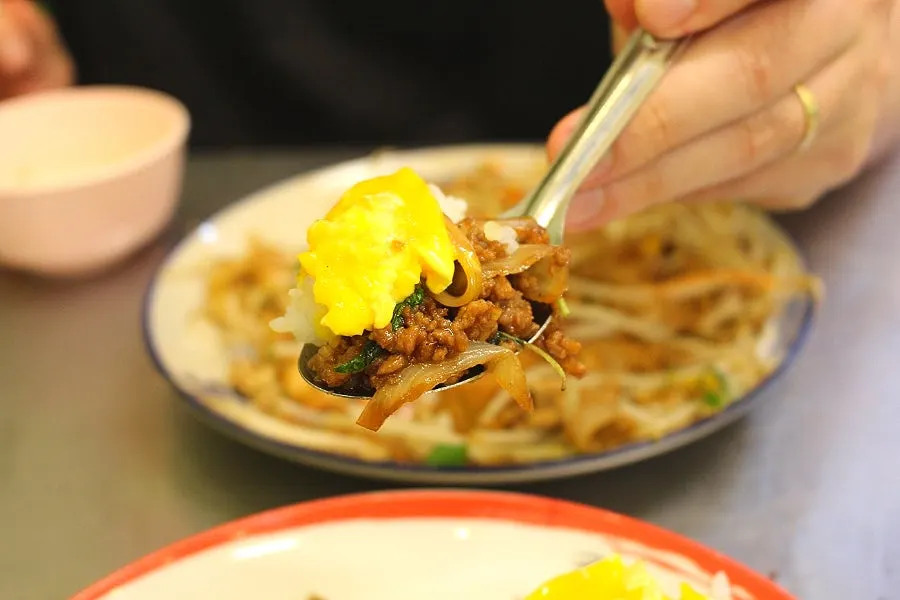 Pad kra pao moo sap piled high with minced pork