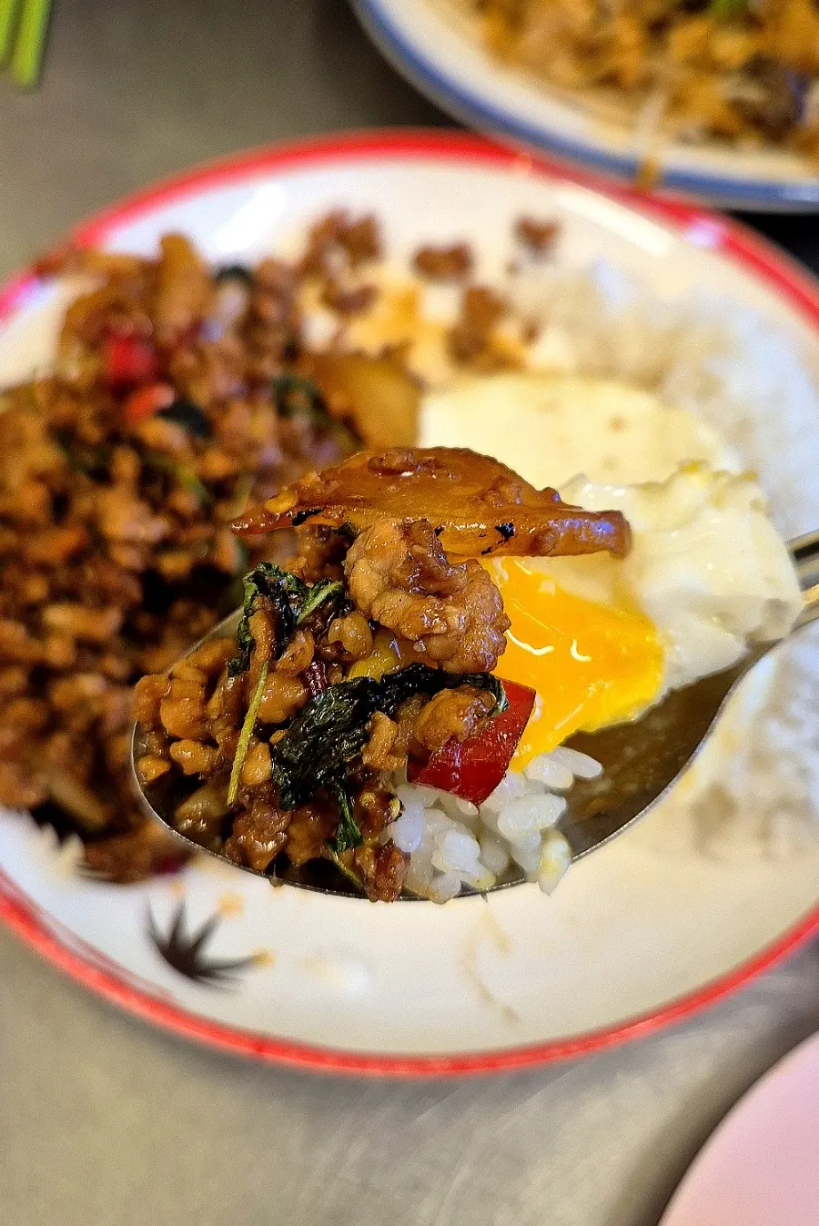 Pad kaprao moo sap topped with extra cilantro
