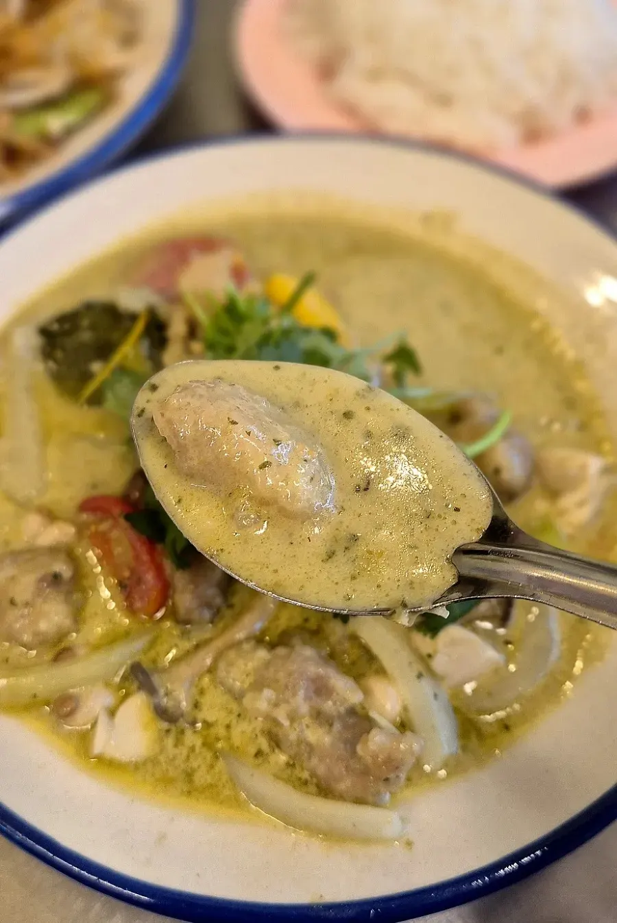 Coconut-flavored green curry broth