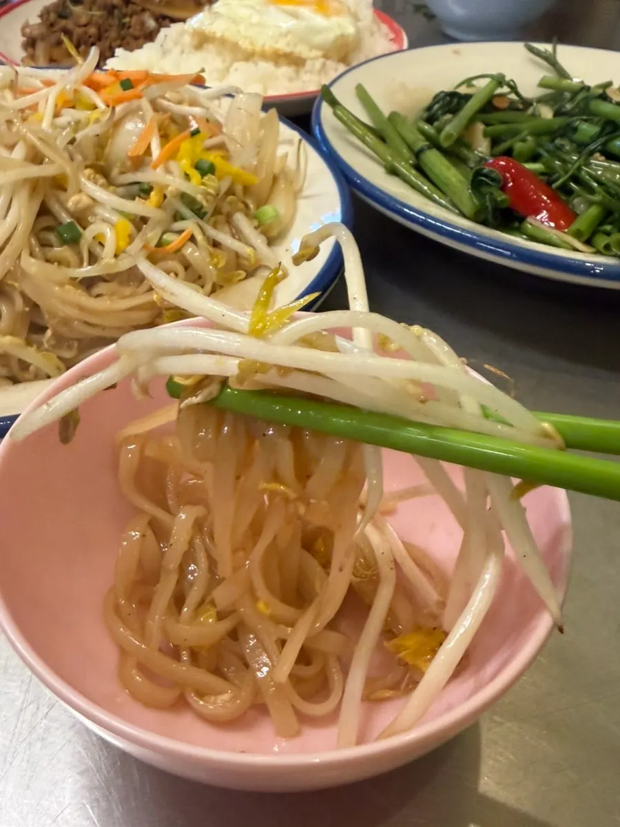 Shrimp and egg on top of the pad thai