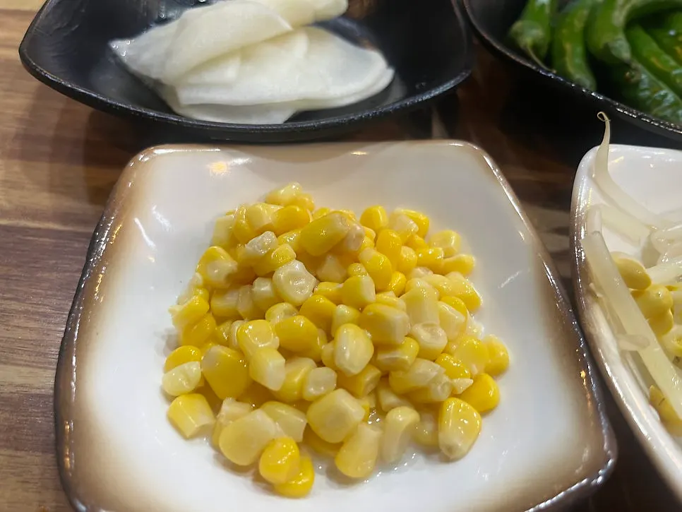 All-you-can-eat meal with shredded scallions and pickled radish sheets