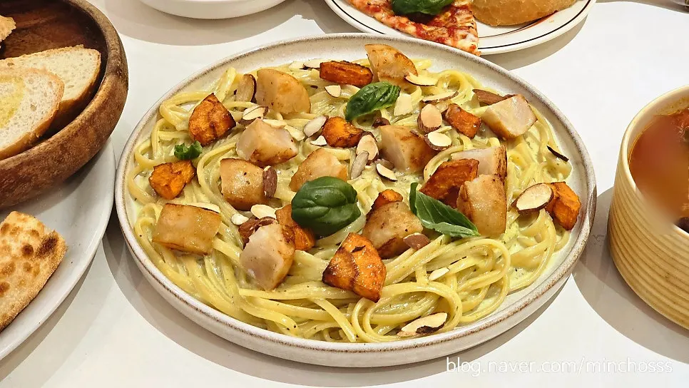 Basil cream scallop pasta menu sign
