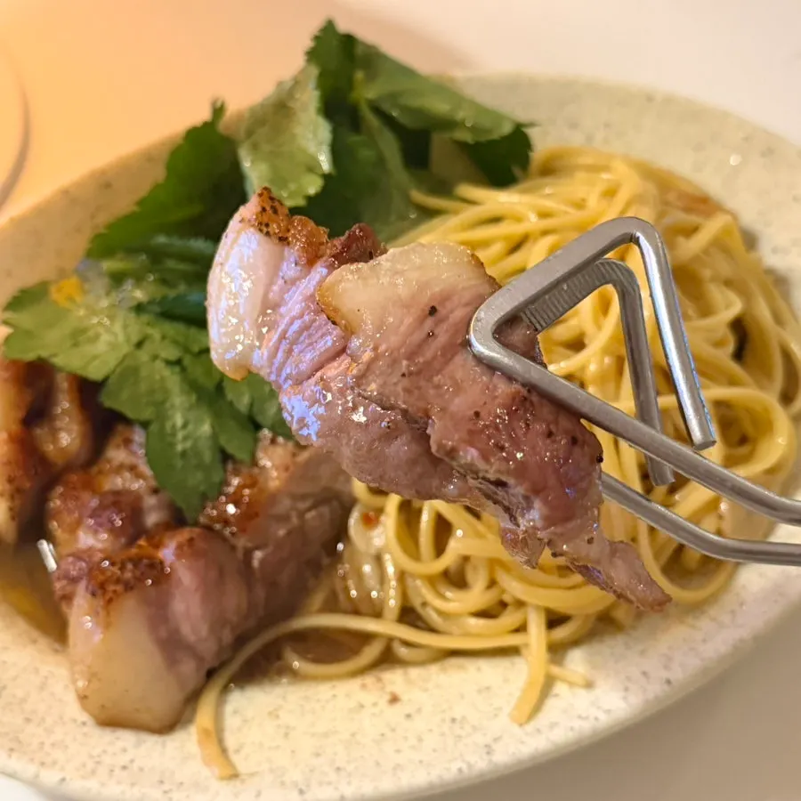 Myeoljeot oil pasta with pork neck meat