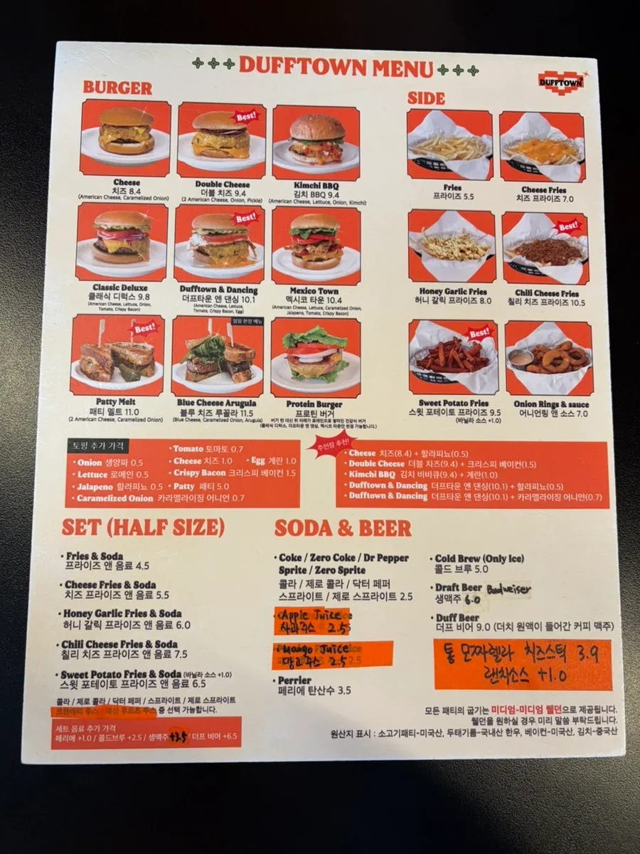 Dufftown Burger menu board