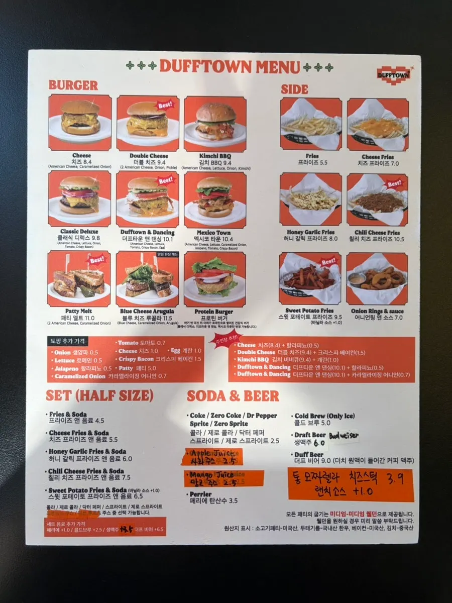 Menu board at Dufftown Burger Jeonpo Main Branch
