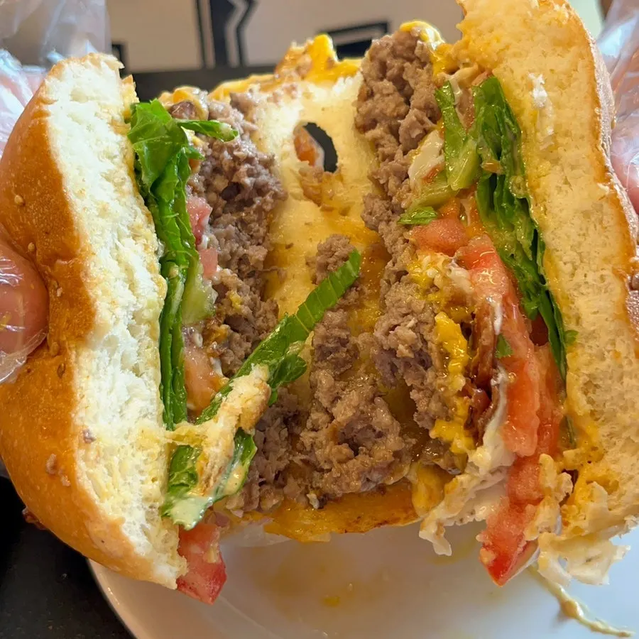 Cross-section of the Dancing Burger showing patty and fried egg