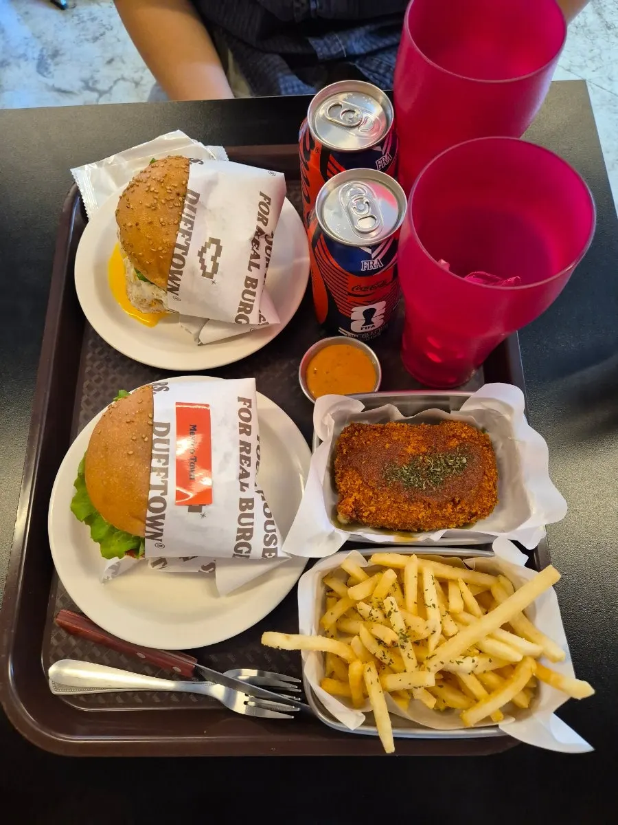 Dufftown burger set served with zero-sugar cola