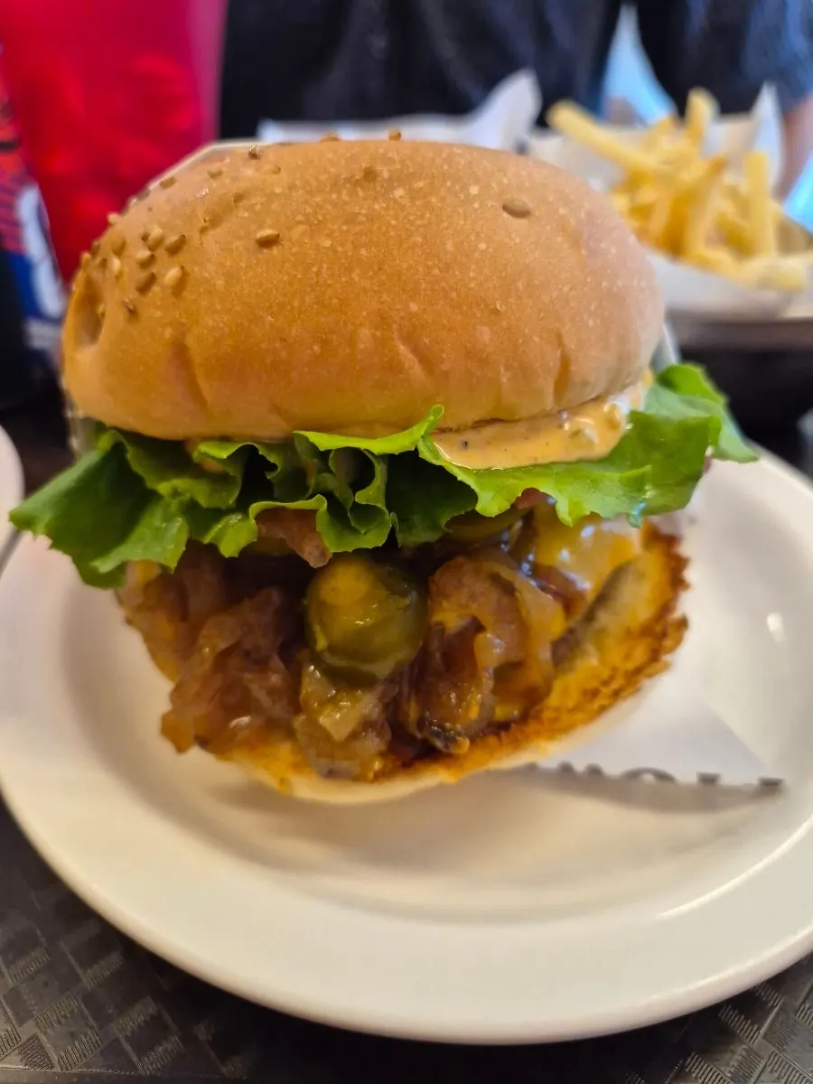 Side view of the thick, ball-shaped Dufftown & Dancing burger