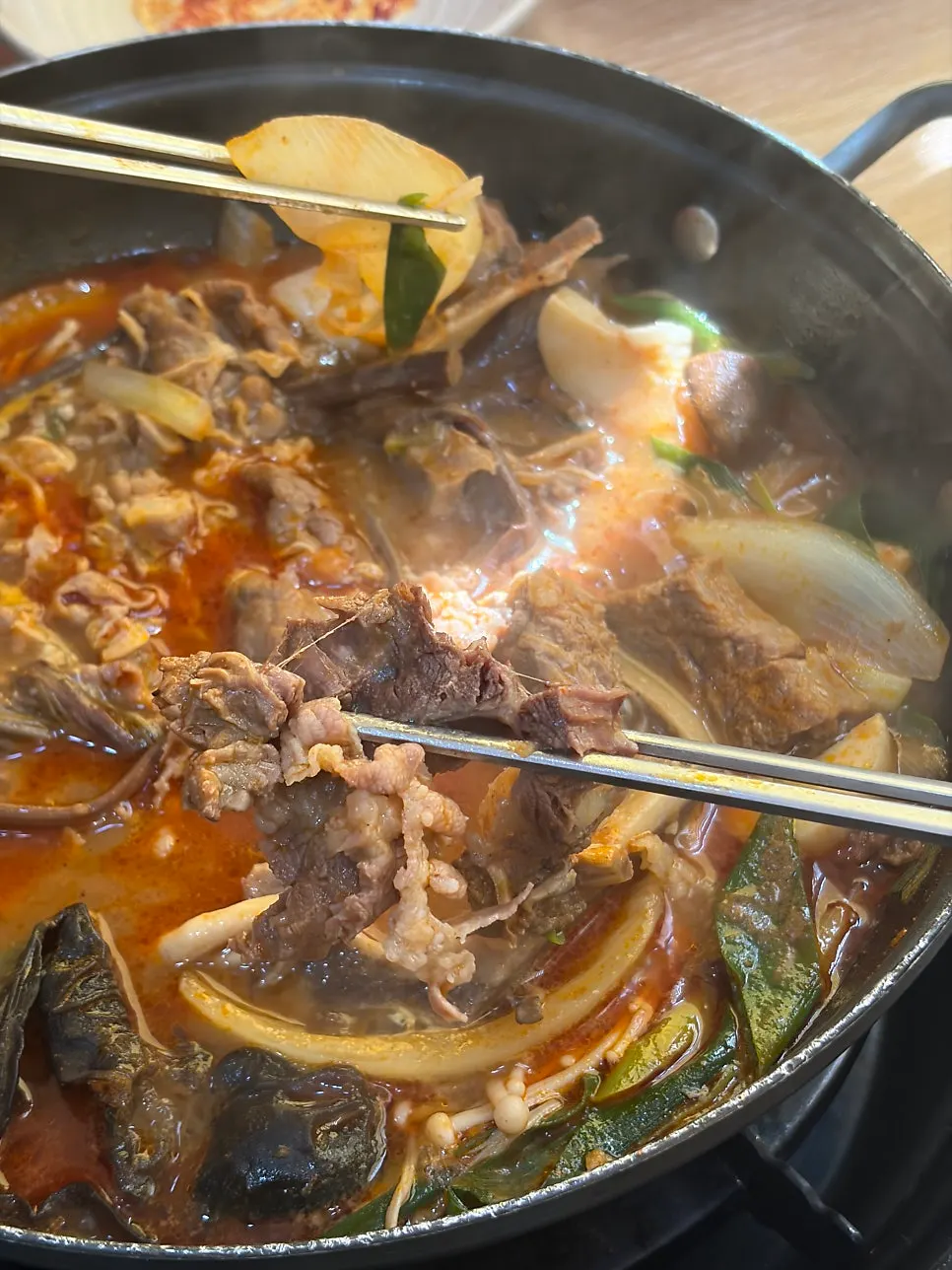 Spicy beef enjoyed in a perilla leaf wrap