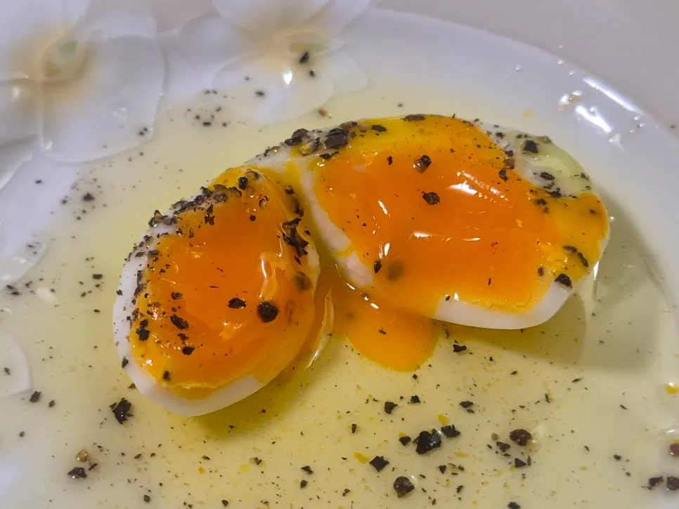 Plate of soft-boiled free-range fertilized eggs