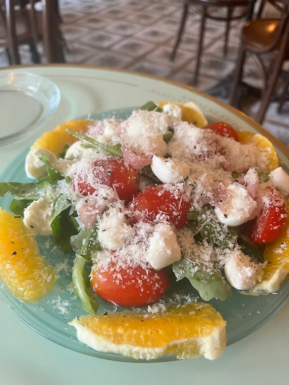Bocconcini cheese salad with orange and prosciutto
