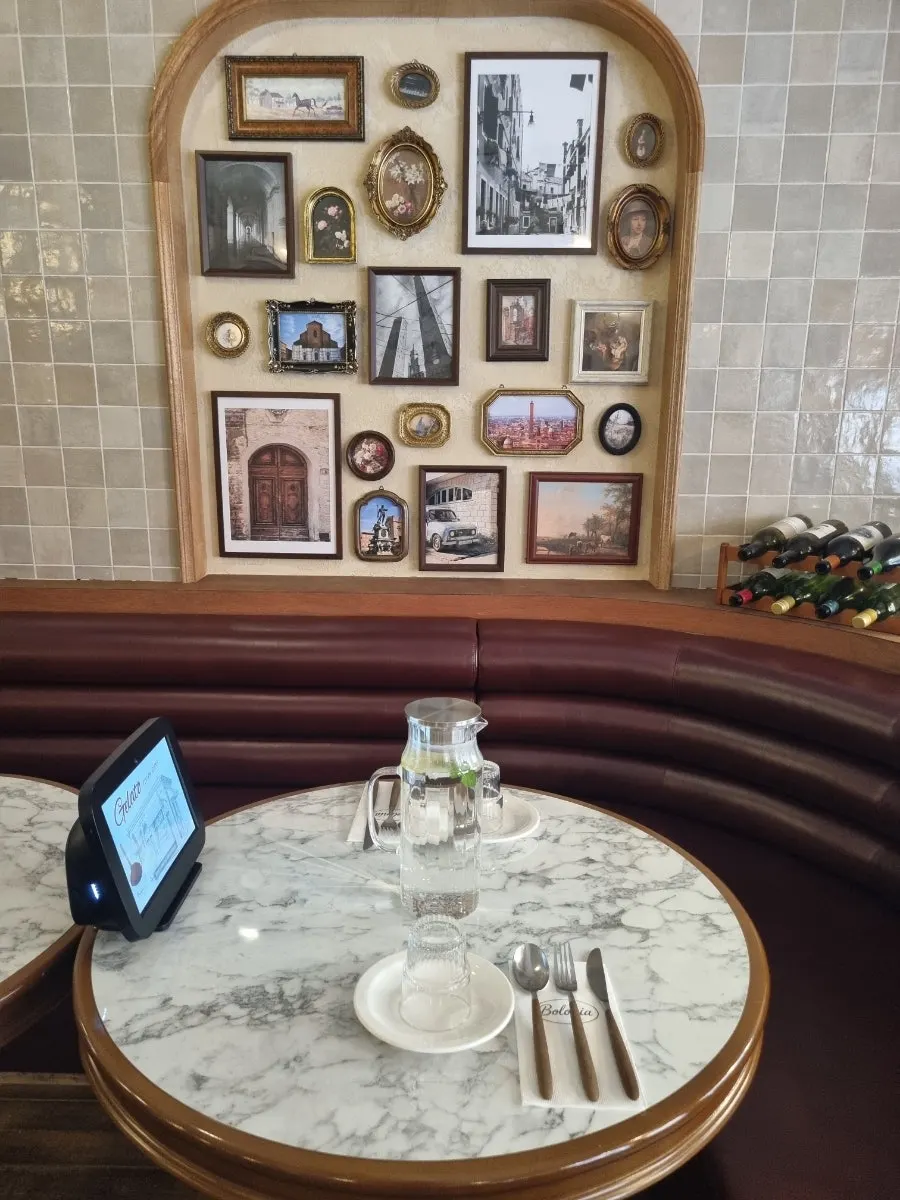 Restaurant interior with wood-toned furniture