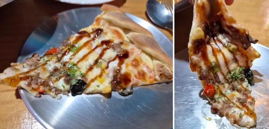 Bulgogi pizza with thin dough and plenty of toppings