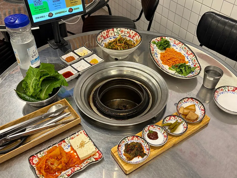 Default spread with tofu kimchi and bibim noodles