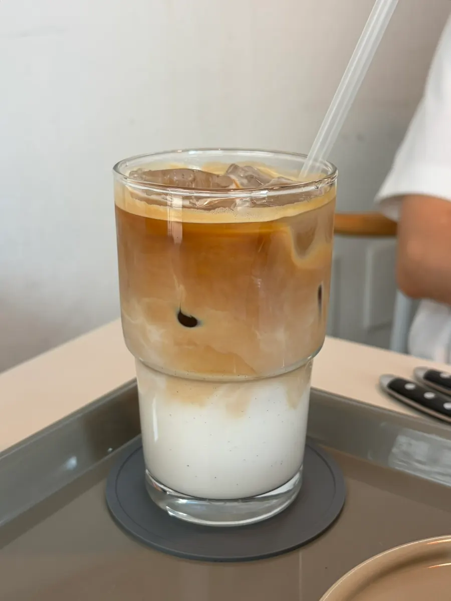 Iced almond latte made with handmade almond milk