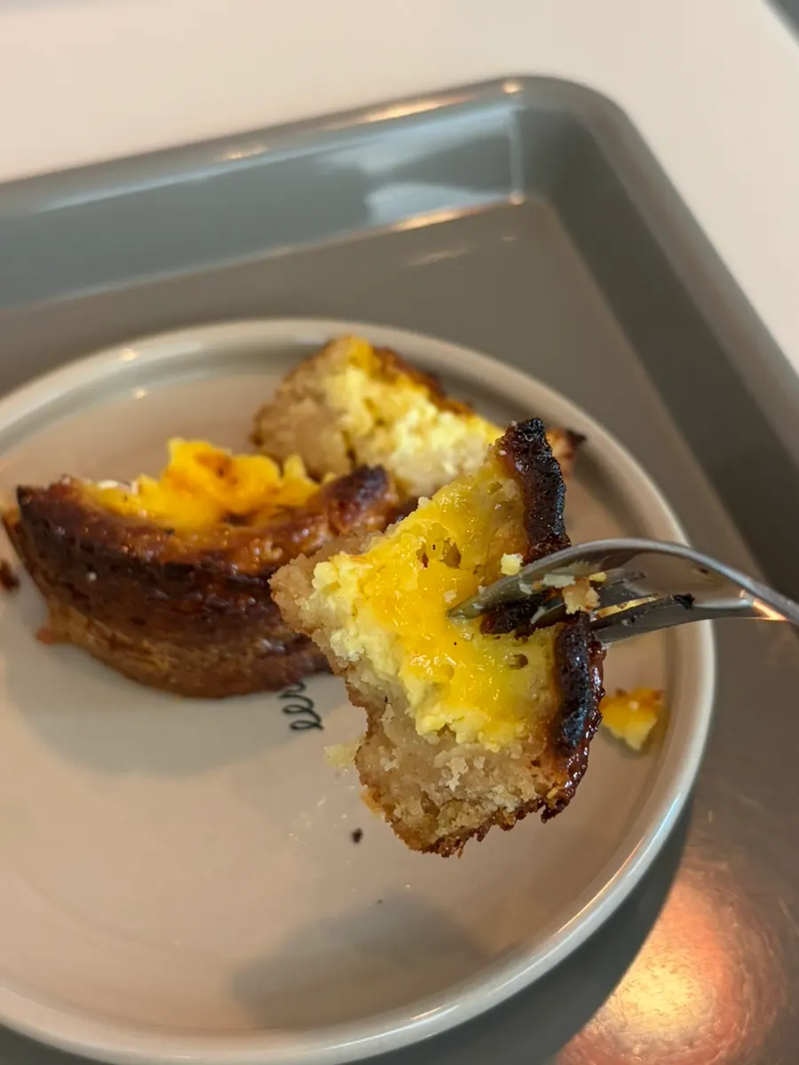 Close-up of egg financier with filling