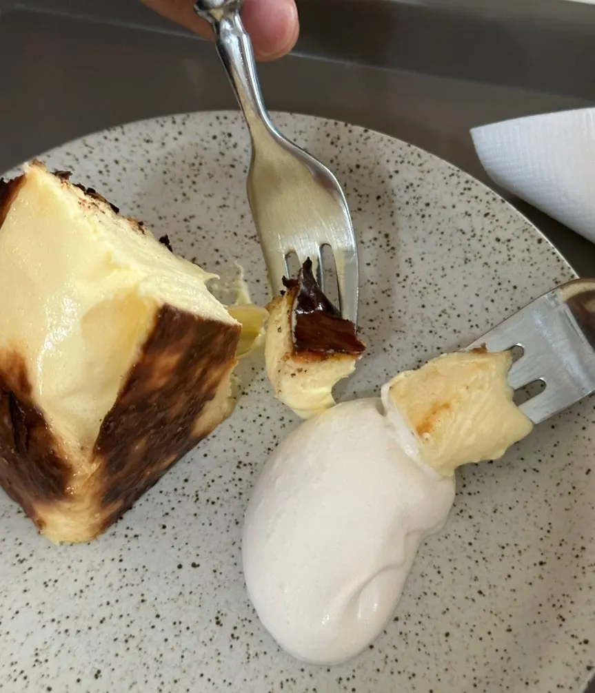 A slice of Basque cheesecake with whipped cream