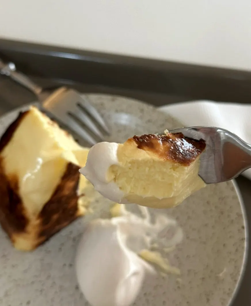 Cross-section of the dense, moist Basque cheesecake