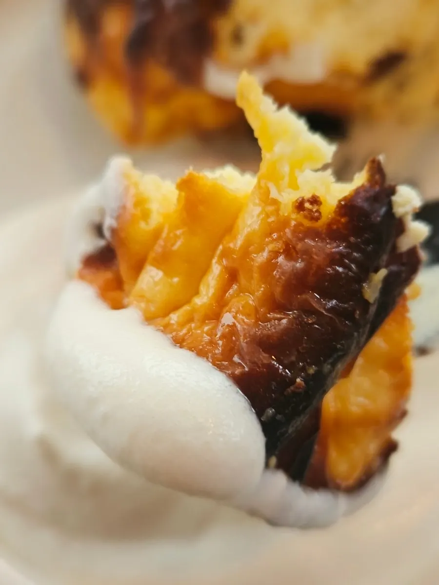 Basque cheesecake served with whipped cream