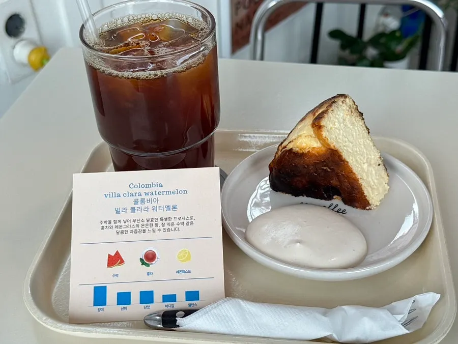 Filter coffee and Basque cheesecake set on the table