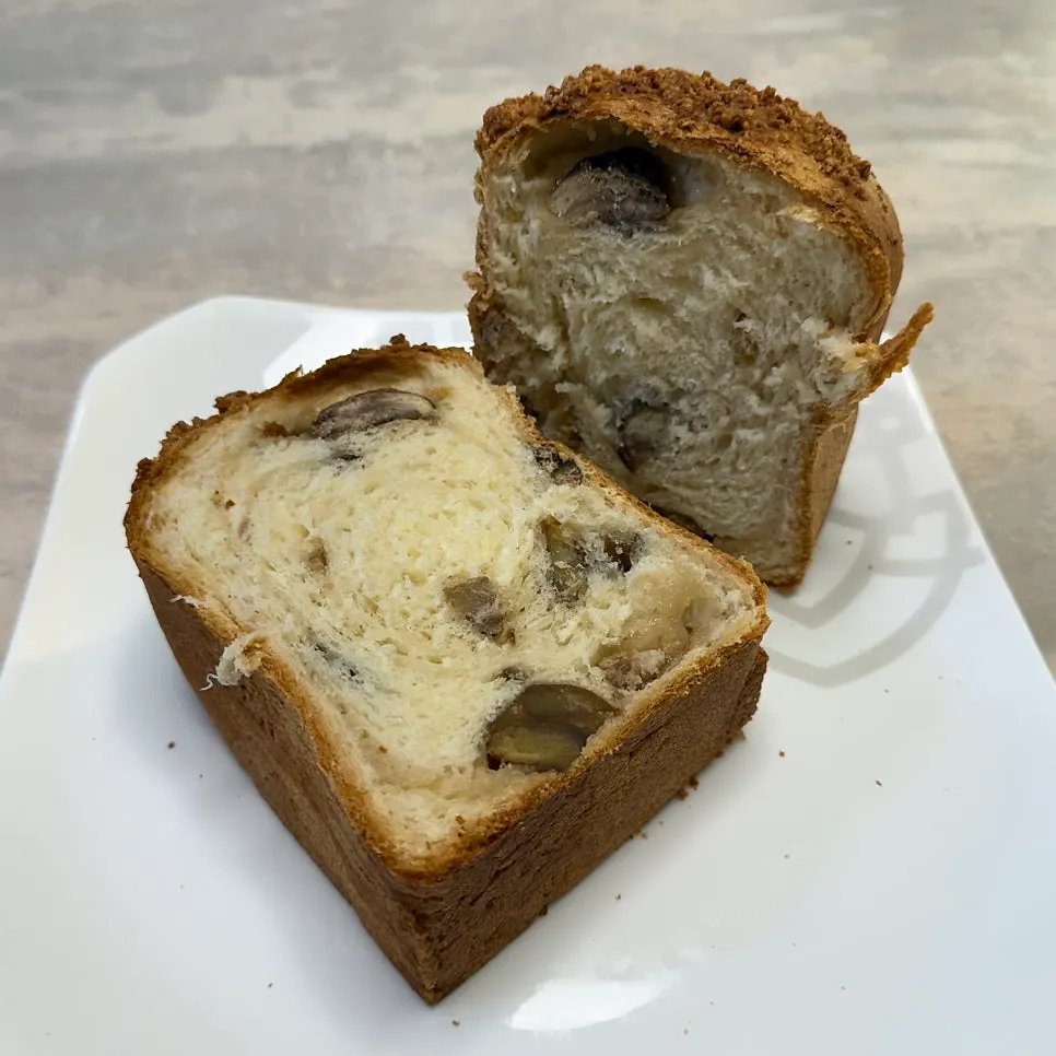 Whole loaf and cut cross-section of chestnut rice cake milk bread