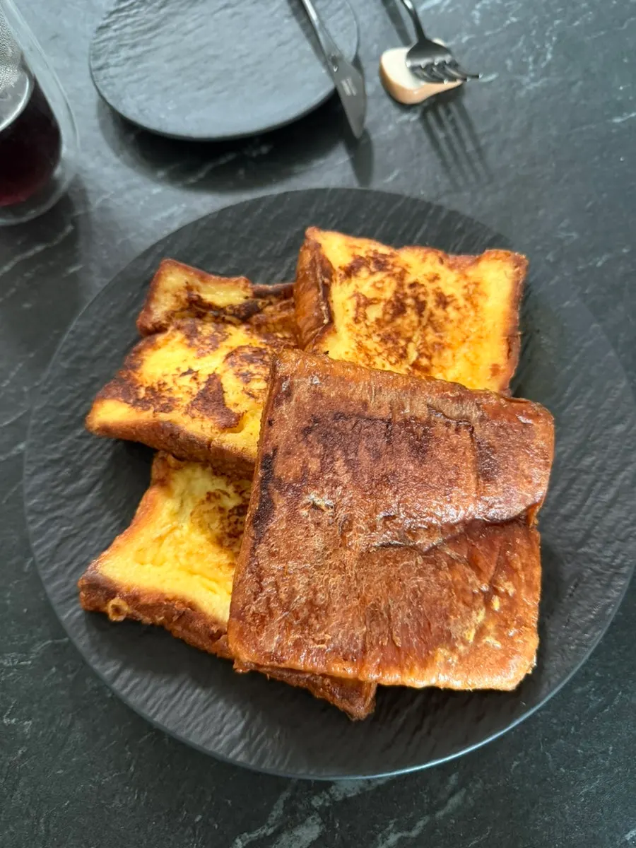 Finished plate of milk bread French toast for brunch