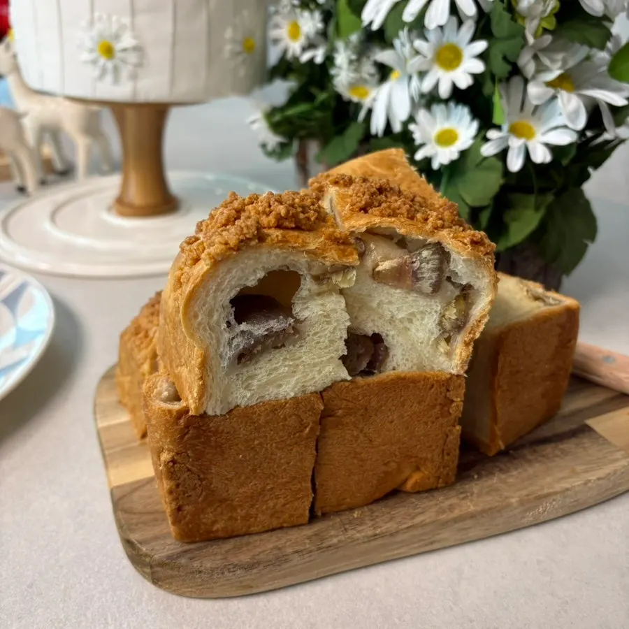 Cross-section of sliced soboro chestnut rice cake milk bread