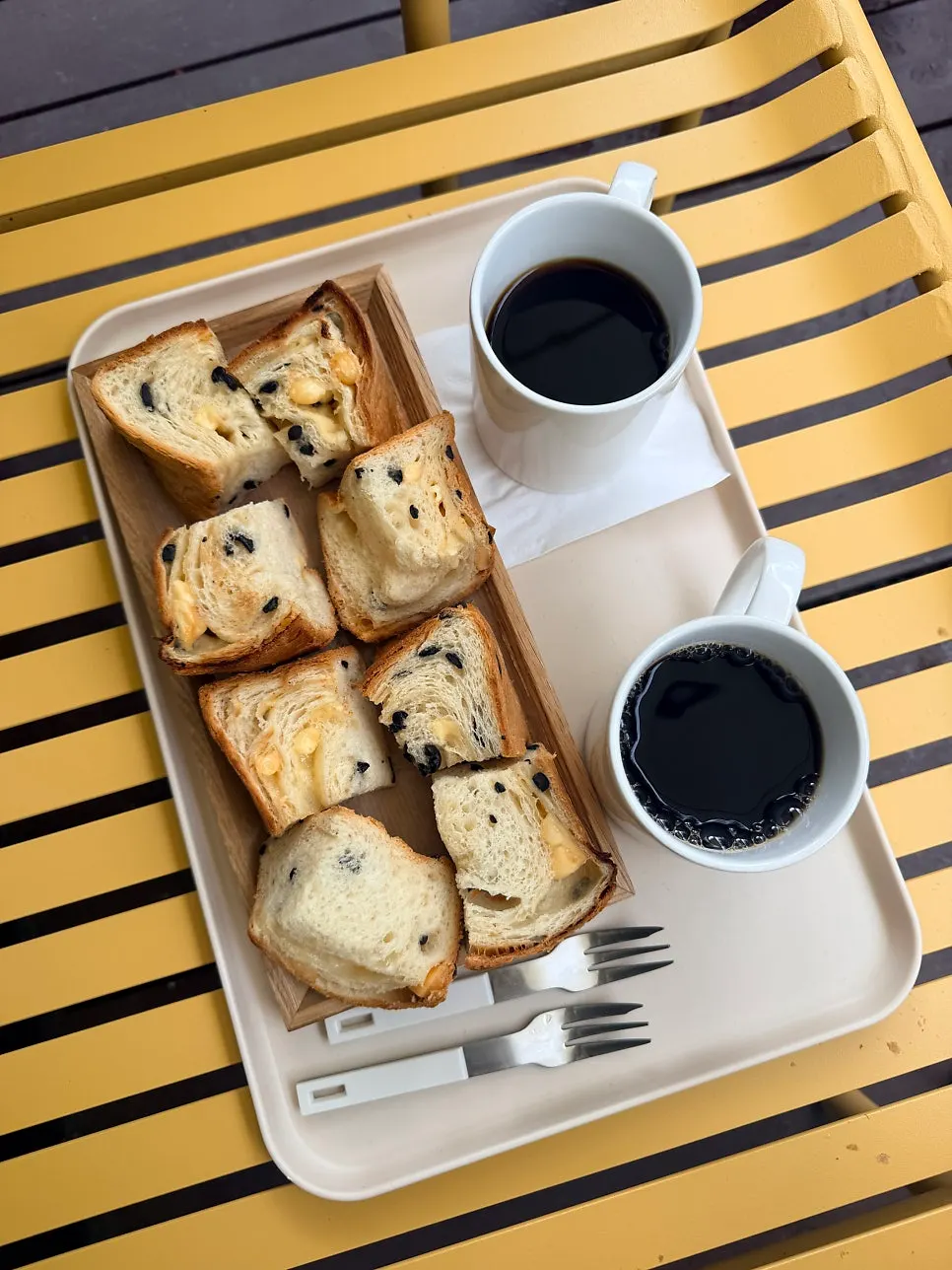 Final shot of milk bread and coffee enjoyed at the outdoor seats