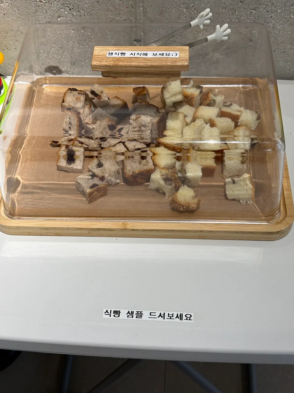 매장 입구에 준비된 생식빵 시식 코너