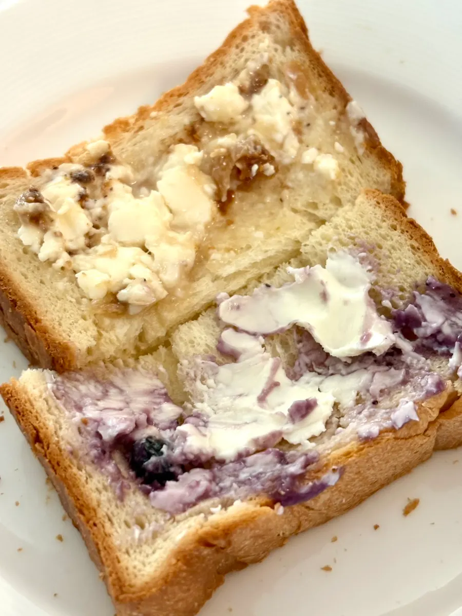 Honey fig cream cheese spread on a slice of milk bread