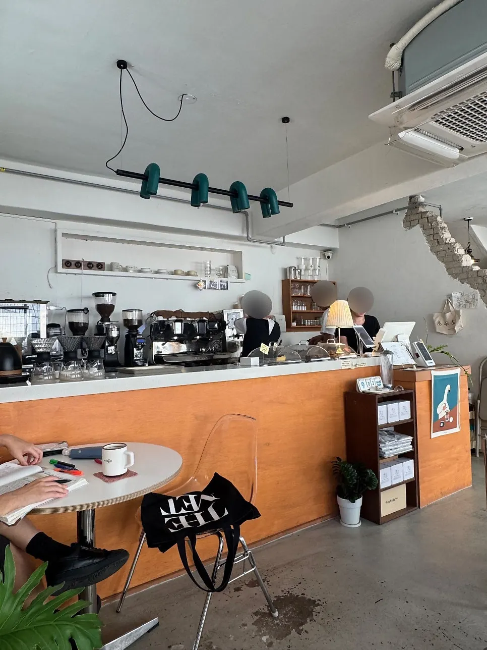 Café interior with wood-tone counter