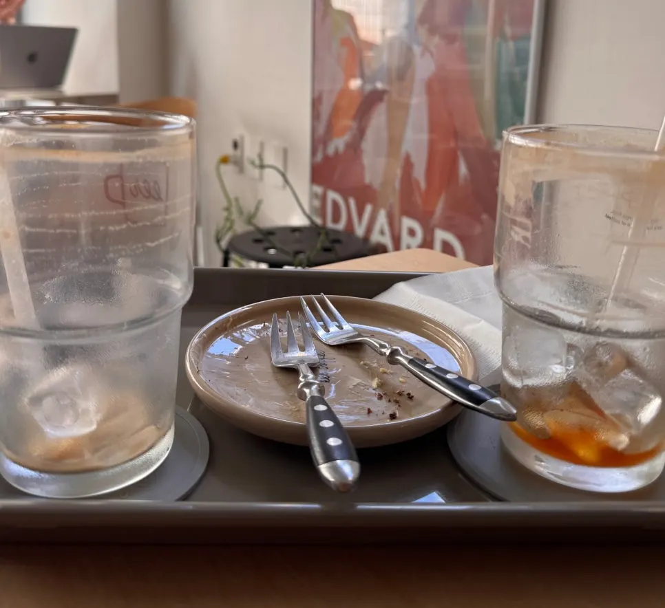 Tray with emptied cups and plate