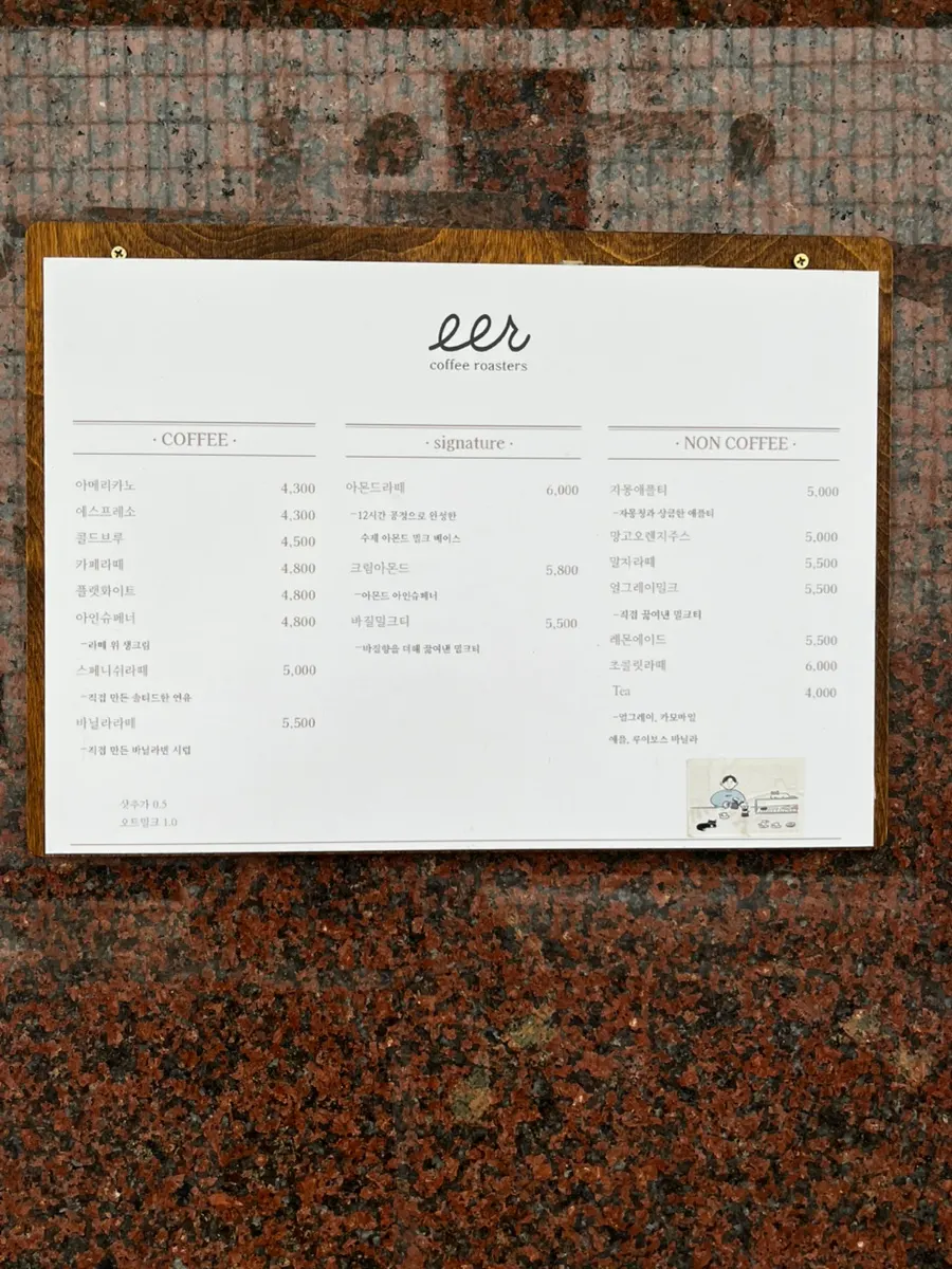 Menu board of Ieo Coffee Roasters with coffee, drinks, and signature items