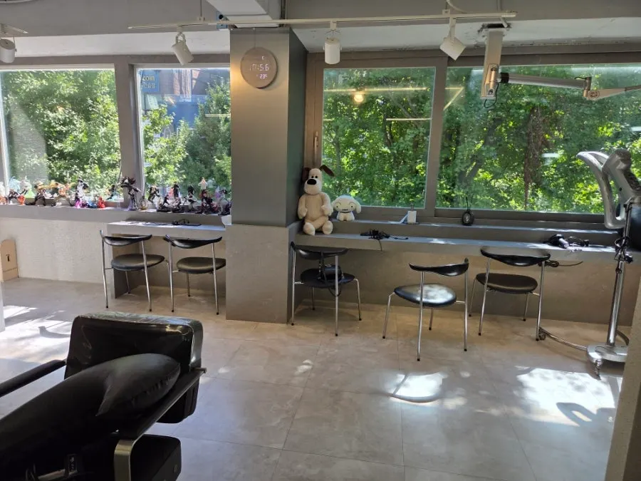 View of the salon with styling chairs and mirrors