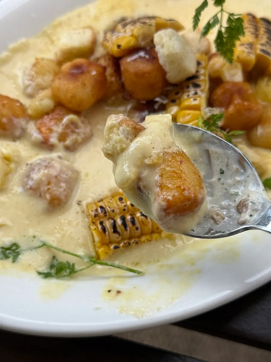 Eggroom's corn cream gnocchi coated in cream sauce