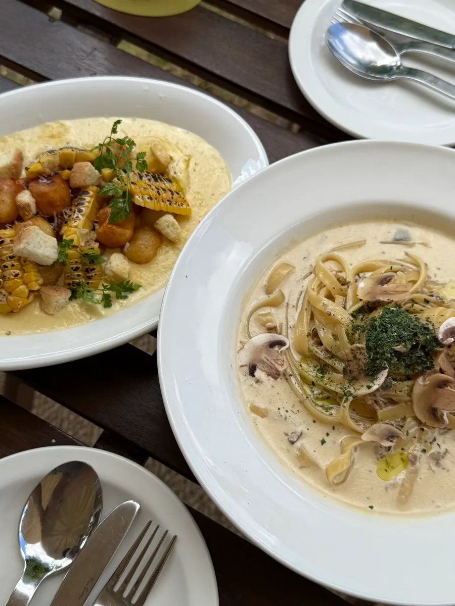 Plating of Eggroom's mushroom cream fettuccine