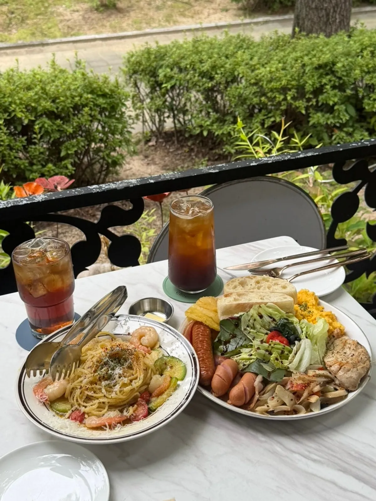 Weekend brunch spread laid out on the terrace