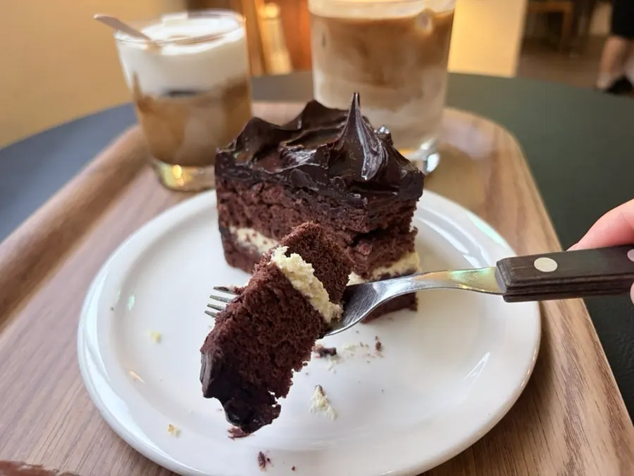 Cross-section of the chocolate sponge and ganache cream