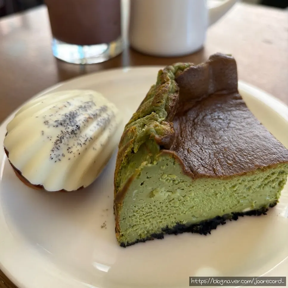 Cross-section of matcha Basque cheesecake
