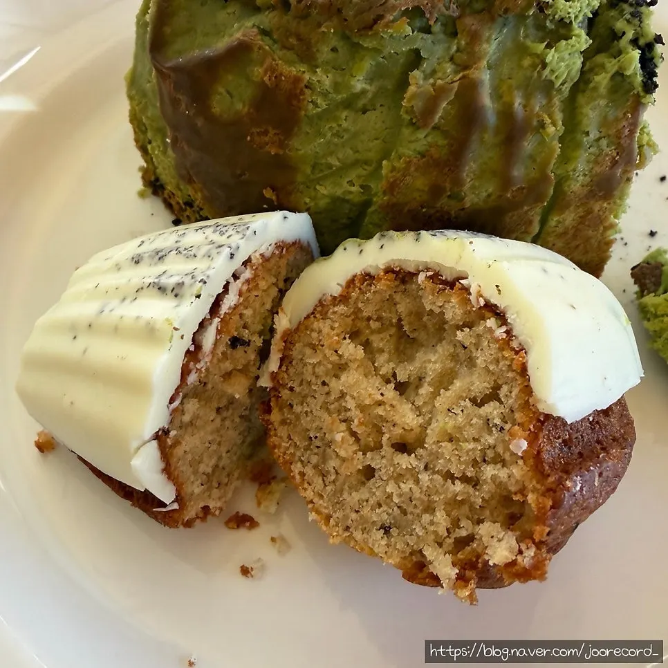 Plate with matcha Basque cheesecake and Earl Grey madeleine