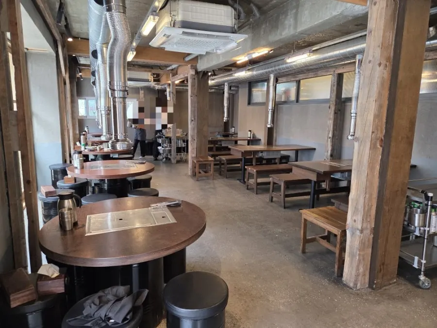 Spacious dining hall with round table layout