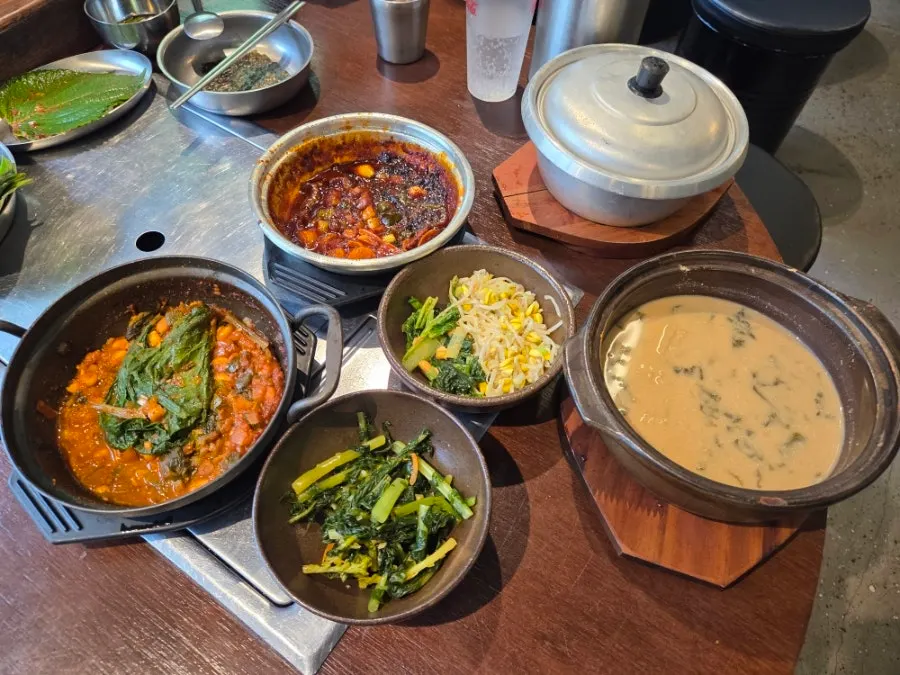 Table spread of gandoenjang, myeolchi jorim, and siraegi doenjang soup