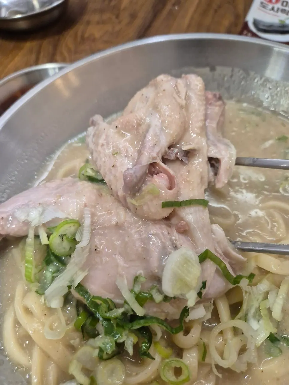 Generously sized chicken leg and wing on top of the kalguksu