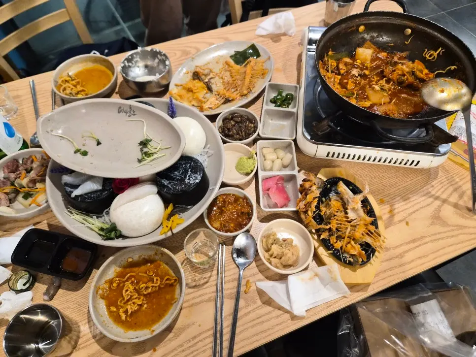 Table cleaned out after finishing sashimi and spicy fish stew