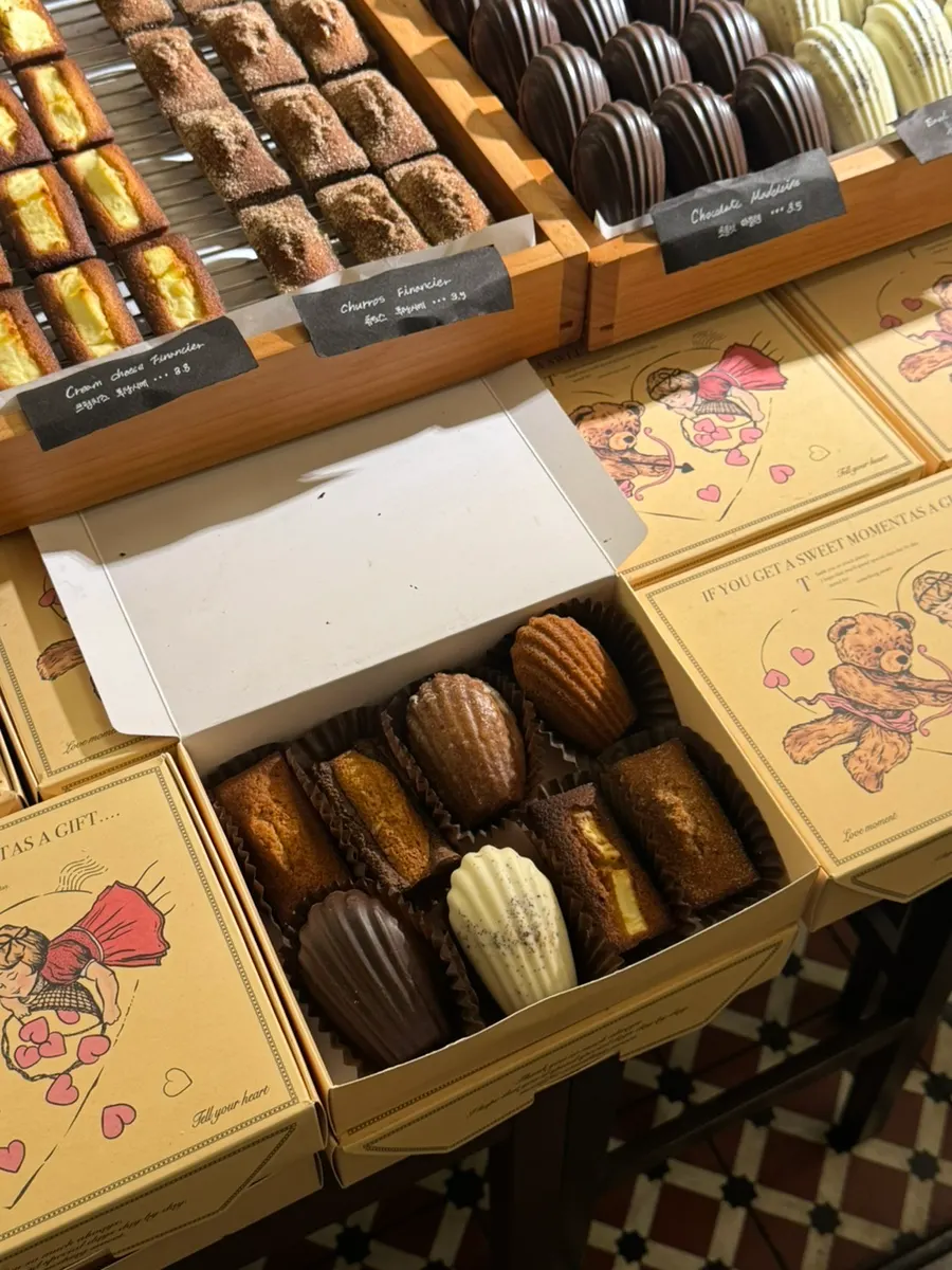 Chocolate madeleines on display