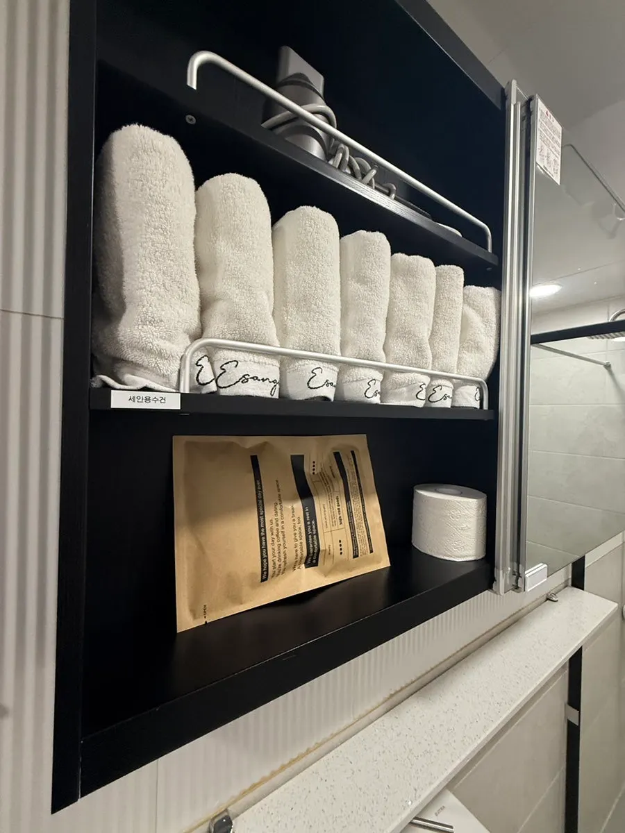 Spacious bathroom and shower area divided by partitions