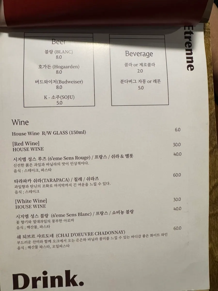 Wine and beverage menu information